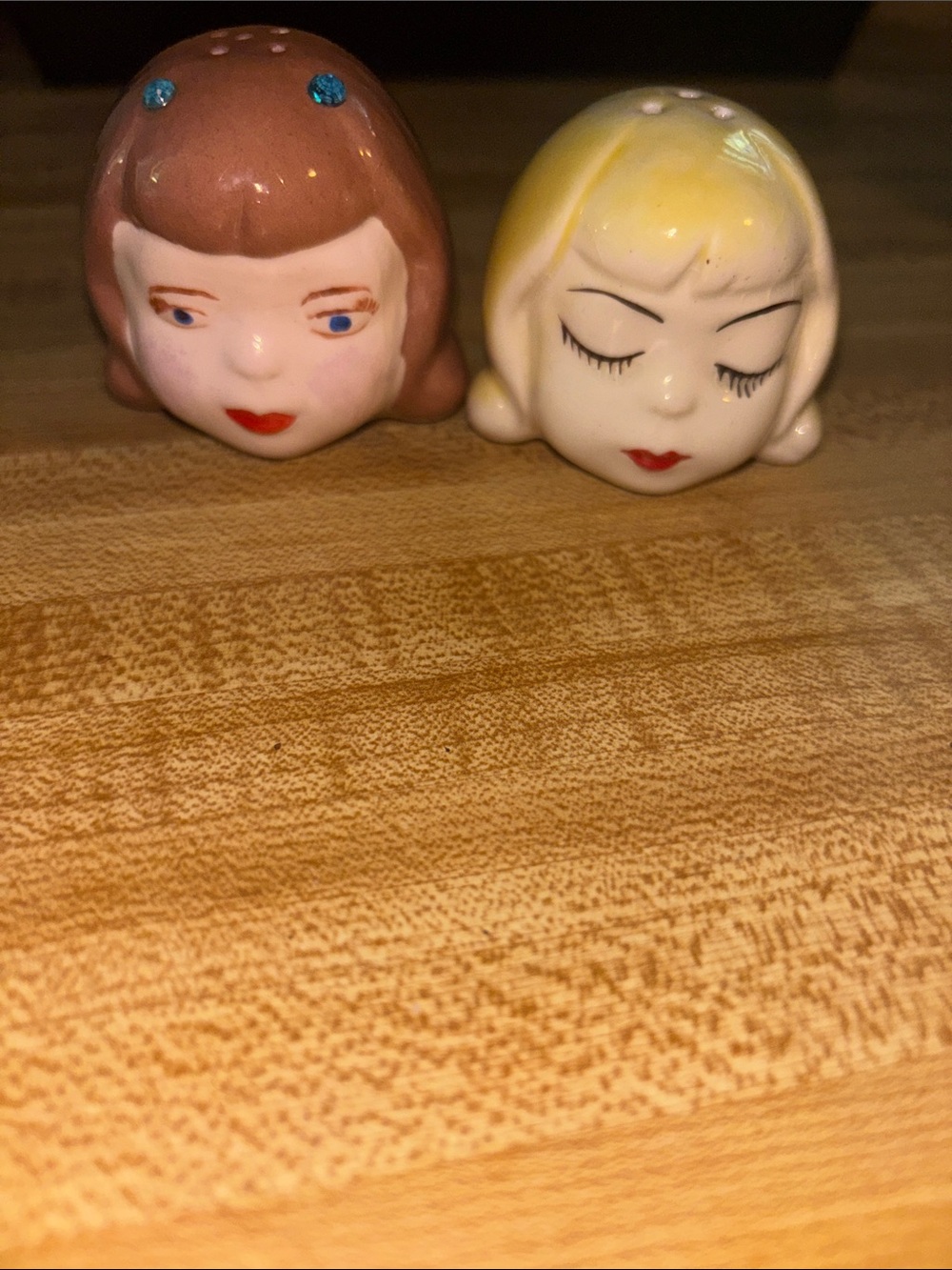 Vintage Ceramic Girl Head Salt & Pepper Shakers - Brown and Blonde